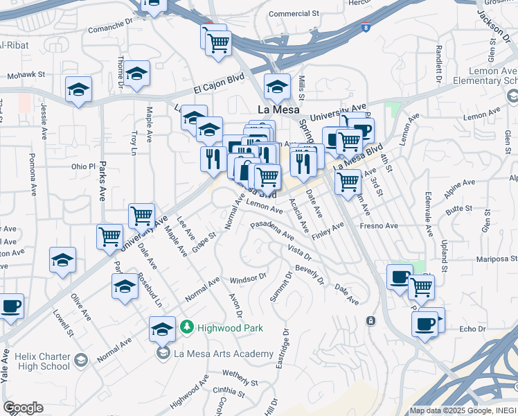 map of restaurants, bars, coffee shops, grocery stores, and more near 8072 Fairview Avenue in La Mesa