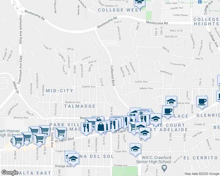 map of restaurants, bars, coffee shops, grocery stores, and more near 4304 Collwood Lane in San Diego