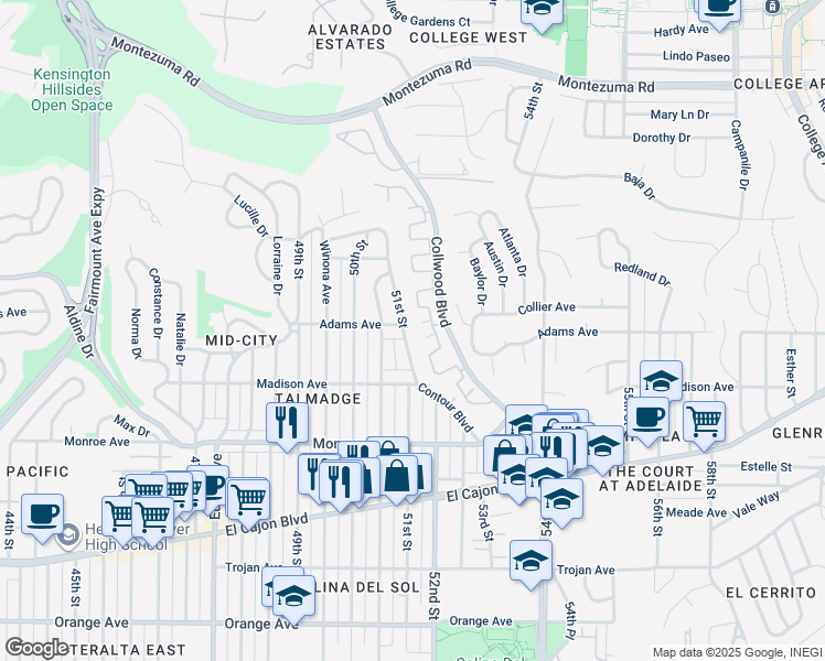 map of restaurants, bars, coffee shops, grocery stores, and more near 4304 Collwood Lane in San Diego