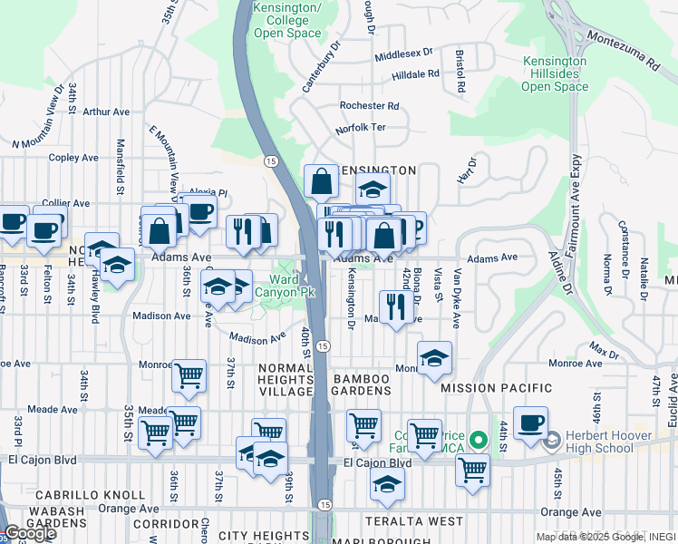 map of restaurants, bars, coffee shops, grocery stores, and more near 4067 Adams Avenue in San Diego