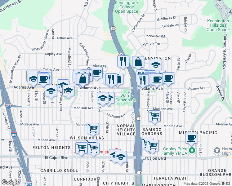 map of restaurants, bars, coffee shops, grocery stores, and more near 4688 East Mountain View Drive in San Diego
