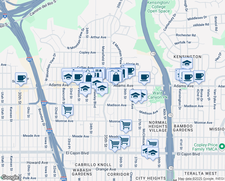 map of restaurants, bars, coffee shops, grocery stores, and more near 3501 Adams Avenue in San Diego