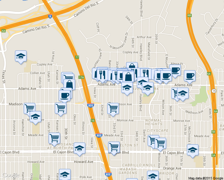 map of restaurants, bars, coffee shops, grocery stores, and more near in San Diego