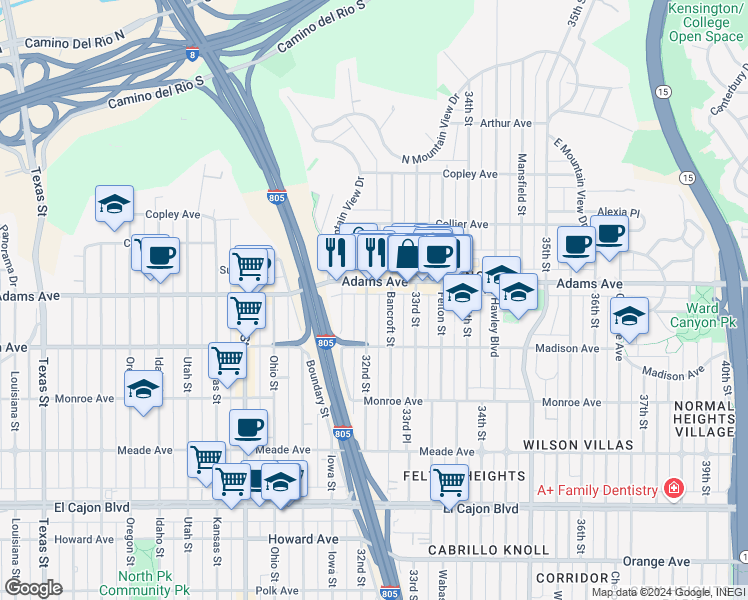 map of restaurants, bars, coffee shops, grocery stores, and more near 3211 Adams Avenue in San Diego