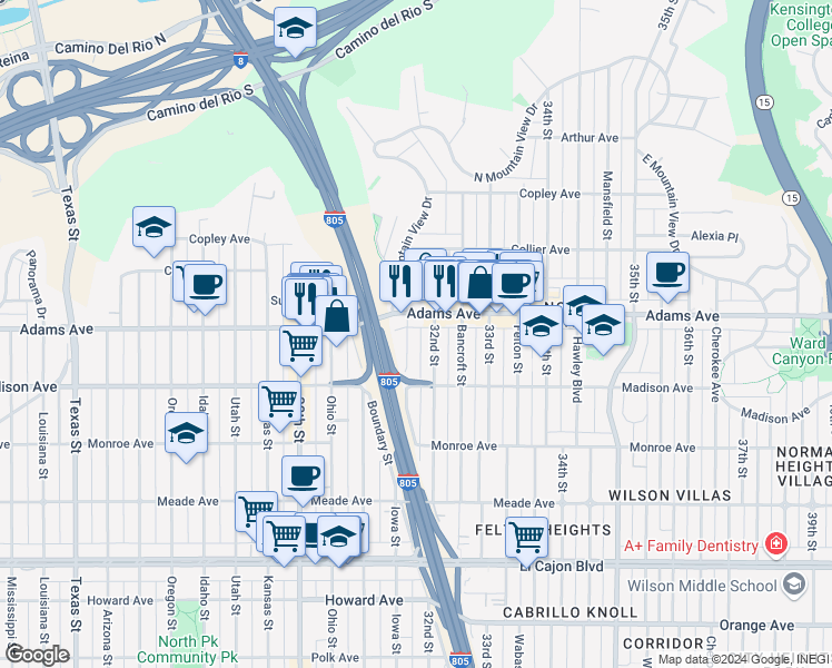 map of restaurants, bars, coffee shops, grocery stores, and more near 3165 Adams Avenue in San Diego