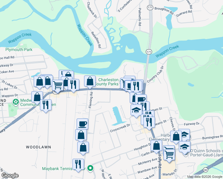 map of restaurants, bars, coffee shops, grocery stores, and more near  in Charleston