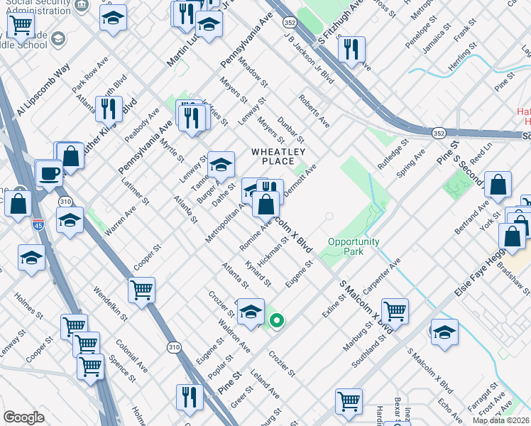 map of restaurants, bars, coffee shops, grocery stores, and more near 3711 South Malcolm X Boulevard in Dallas