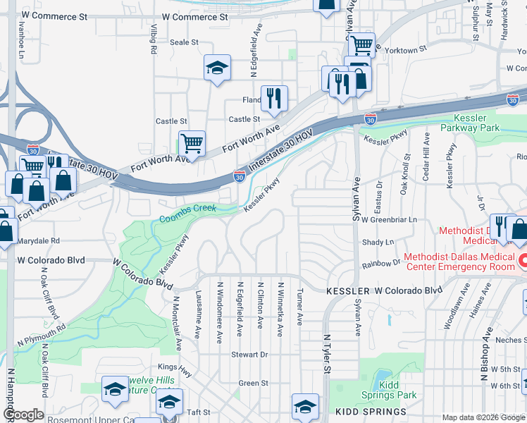 map of restaurants, bars, coffee shops, grocery stores, and more near 1954 Kessler Parkway in Dallas