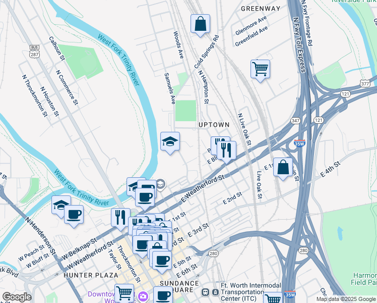 map of restaurants, bars, coffee shops, grocery stores, and more near 432 Samuels Avenue in Fort Worth