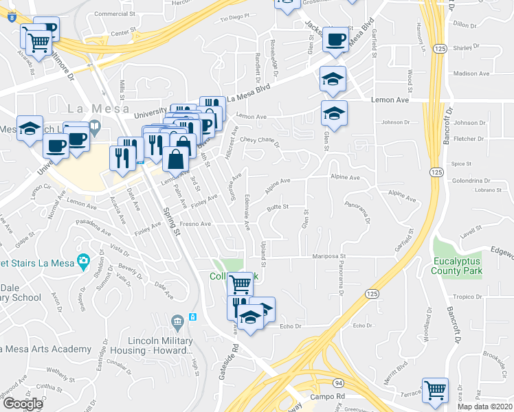 map of restaurants, bars, coffee shops, grocery stores, and more near 8531 Alpine Avenue in La Mesa