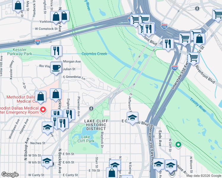 map of restaurants, bars, coffee shops, grocery stores, and more near 408 Trinity River Circle in Dallas