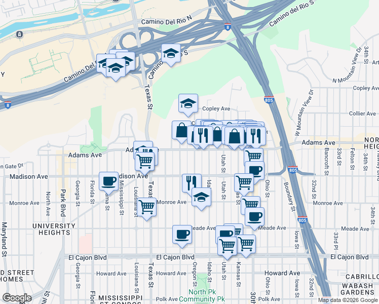 map of restaurants, bars, coffee shops, grocery stores, and more near 2625 Adams Avenue in San Diego