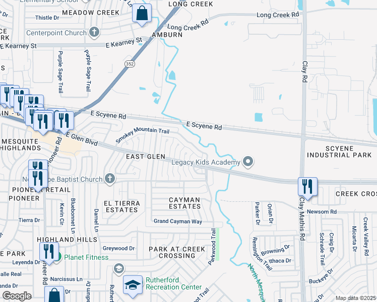 map of restaurants, bars, coffee shops, grocery stores, and more near 400 Picketts Drive in Mesquite