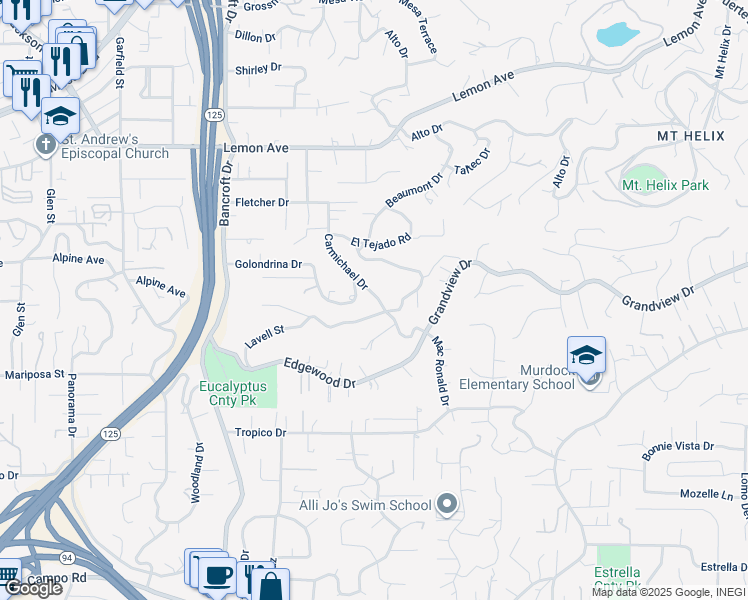 map of restaurants, bars, coffee shops, grocery stores, and more near 9399 Carmichael Drive in La Mesa
