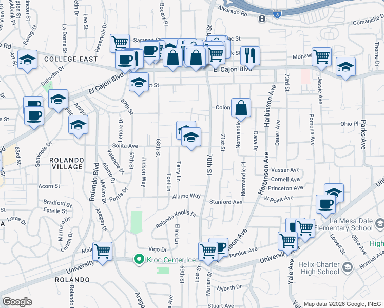 map of restaurants, bars, coffee shops, grocery stores, and more near 6925 Tower Street in La Mesa