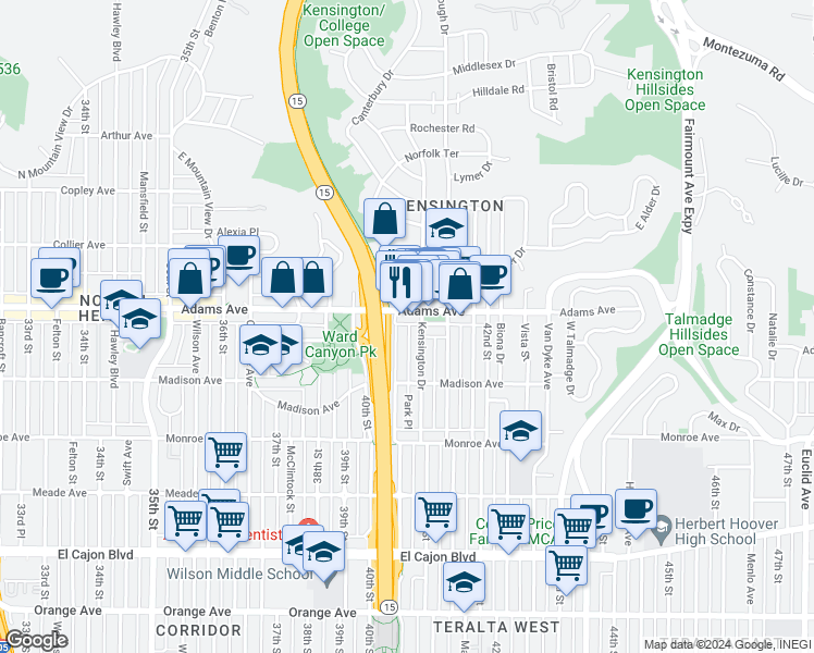 map of restaurants, bars, coffee shops, grocery stores, and more near 4673 Terrace Drive in San Diego