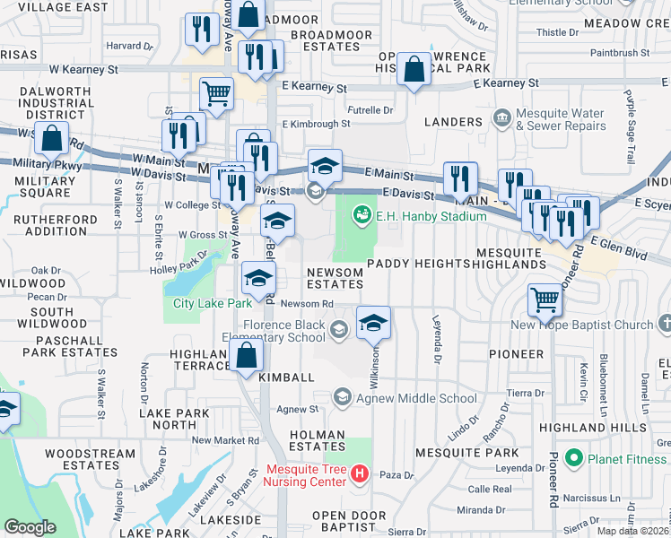 map of restaurants, bars, coffee shops, grocery stores, and more near 323 East Holley Street in Mesquite