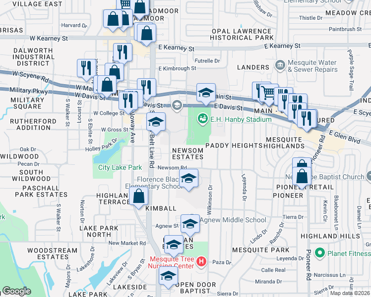 map of restaurants, bars, coffee shops, grocery stores, and more near 323 East Holley Street in Mesquite