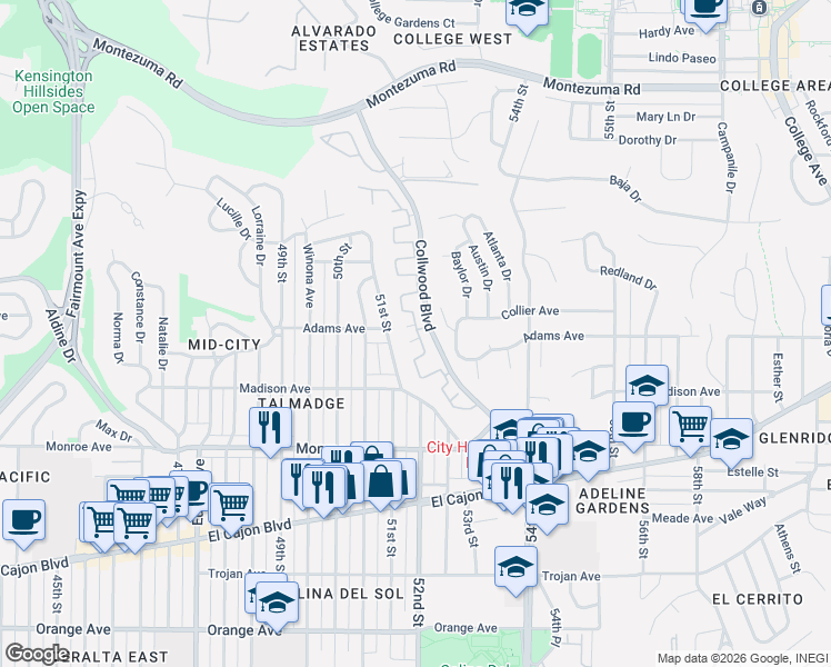 map of restaurants, bars, coffee shops, grocery stores, and more near 4304 Collwood Lane in San Diego