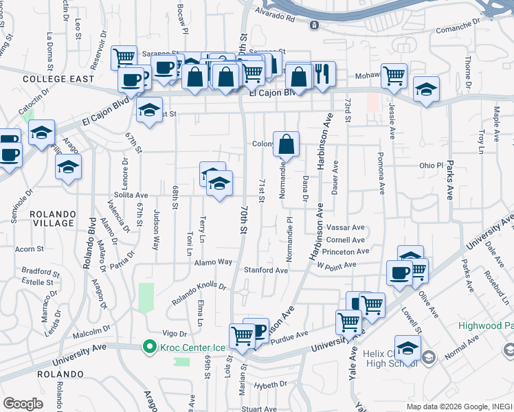 map of restaurants, bars, coffee shops, grocery stores, and more near 4625 70th Street in La Mesa