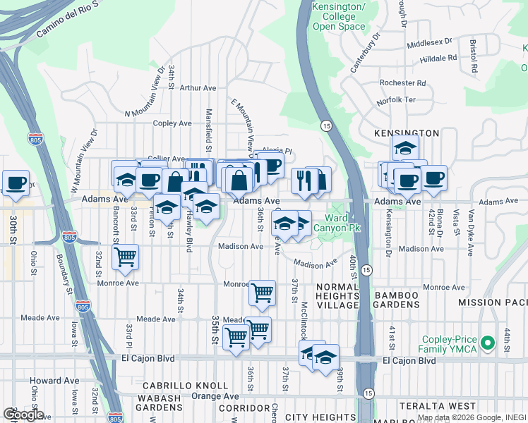 map of restaurants, bars, coffee shops, grocery stores, and more near 4671 36th Street in San Diego