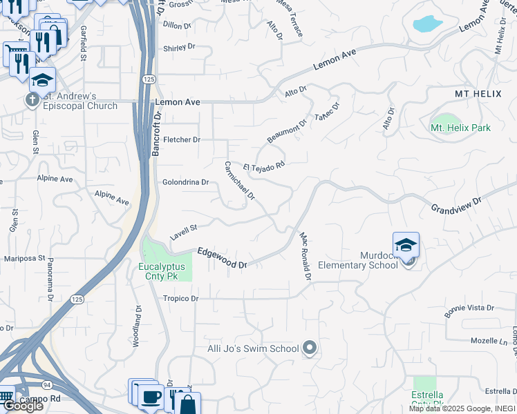 map of restaurants, bars, coffee shops, grocery stores, and more near 9399 Carmichael Drive in La Mesa