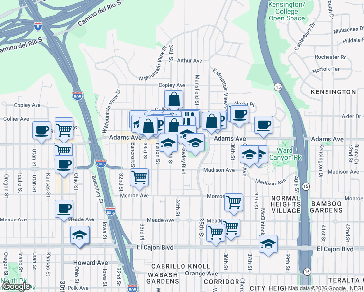 map of restaurants, bars, coffee shops, grocery stores, and more near in San Diego