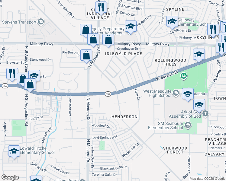map of restaurants, bars, coffee shops, grocery stores, and more near 10349 Scyene Road in Dallas