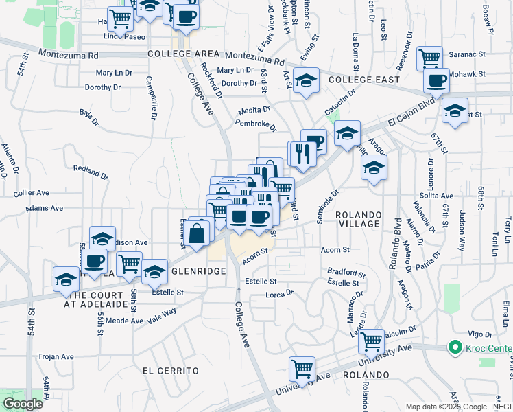 map of restaurants, bars, coffee shops, grocery stores, and more near 6150 El Cajon Boulevard in San Diego
