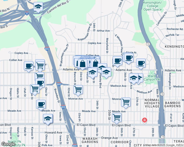 map of restaurants, bars, coffee shops, grocery stores, and more near 4674 34th Street in San Diego