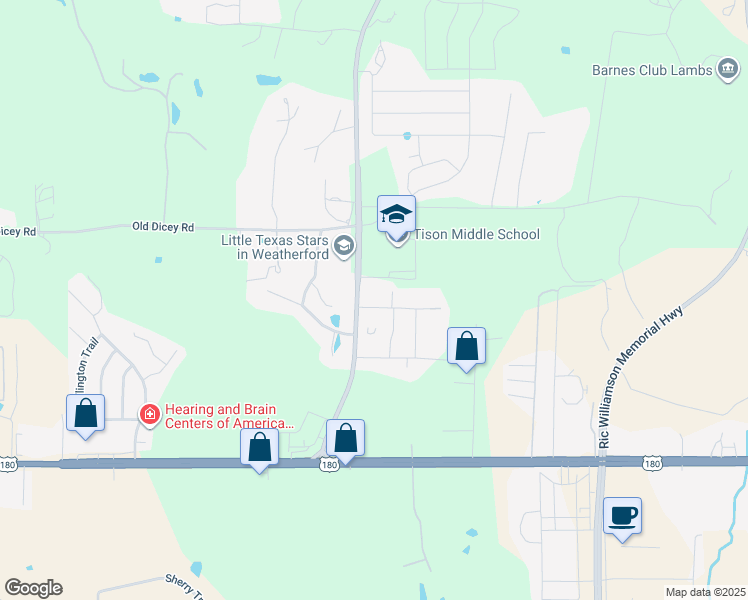 map of restaurants, bars, coffee shops, grocery stores, and more near 2111 Holly Oaks Lane in Weatherford