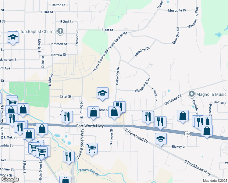 map of restaurants, bars, coffee shops, grocery stores, and more near 103 Oakwood Drive in Weatherford