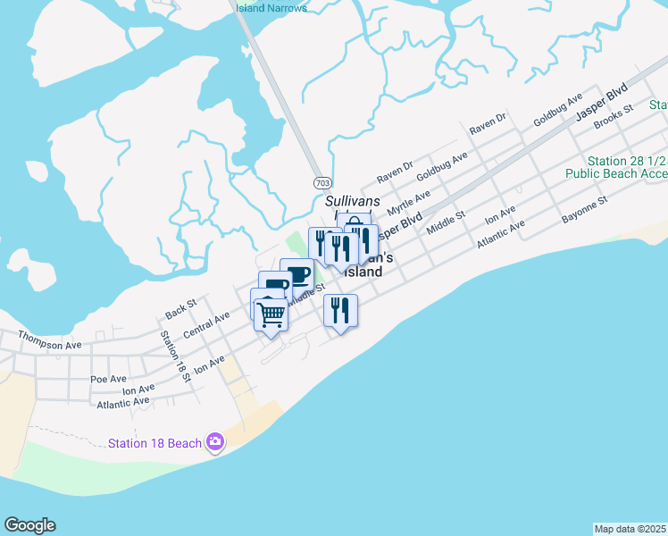 map of restaurants, bars, coffee shops, grocery stores, and more near 2202 Middle Street in Sullivan's Island