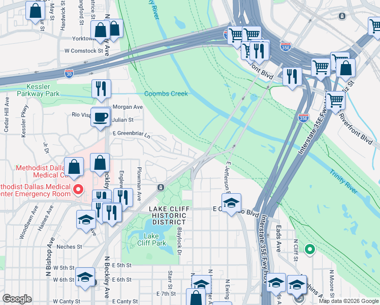 map of restaurants, bars, coffee shops, grocery stores, and more near 408 Trinity River Circle in Dallas