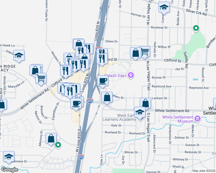 map of restaurants, bars, coffee shops, grocery stores, and more near 9208 Raymond Avenue in White Settlement