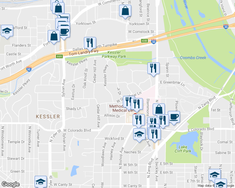 map of restaurants, bars, coffee shops, grocery stores, and more near 1517 Junior Drive in Dallas