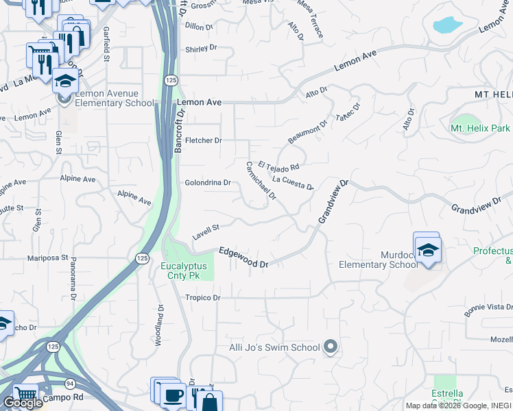 map of restaurants, bars, coffee shops, grocery stores, and more near 9306 Golondrina Drive in La Mesa