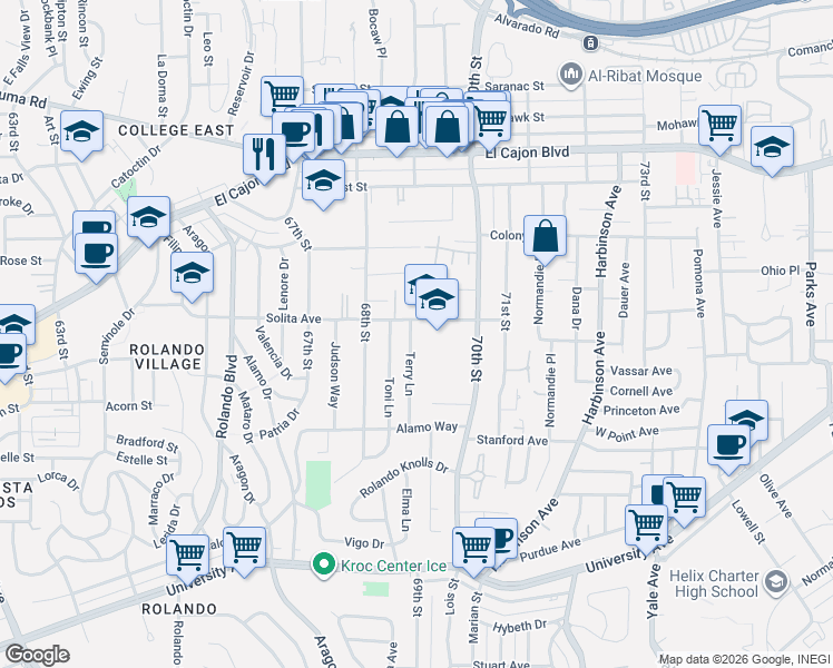 map of restaurants, bars, coffee shops, grocery stores, and more near 4674 Terry Lane in La Mesa