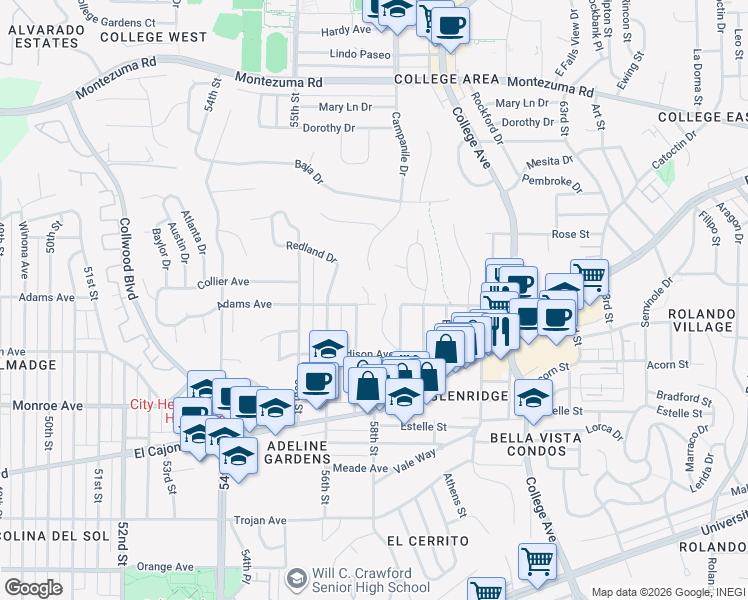map of restaurants, bars, coffee shops, grocery stores, and more near 4720 El Cerrito Place in San Diego