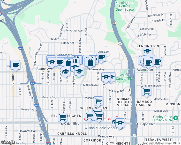 map of restaurants, bars, coffee shops, grocery stores, and more near 3501 Adams Avenue in San Diego