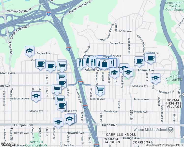 map of restaurants, bars, coffee shops, grocery stores, and more near 3211 Adams Avenue in San Diego