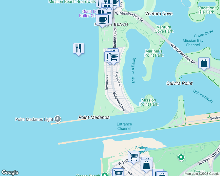 map of restaurants, bars, coffee shops, grocery stores, and more near 2742 Strandway in San Diego