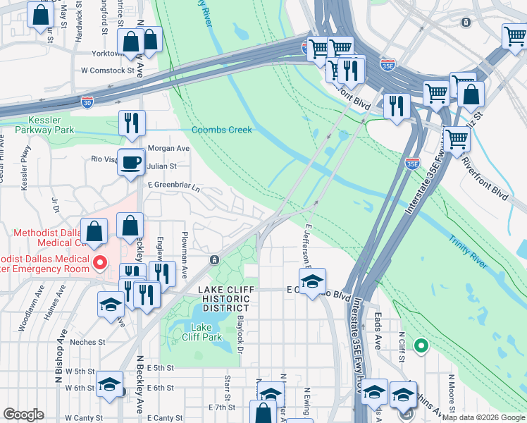 map of restaurants, bars, coffee shops, grocery stores, and more near 408 Trinity River Circle in Dallas