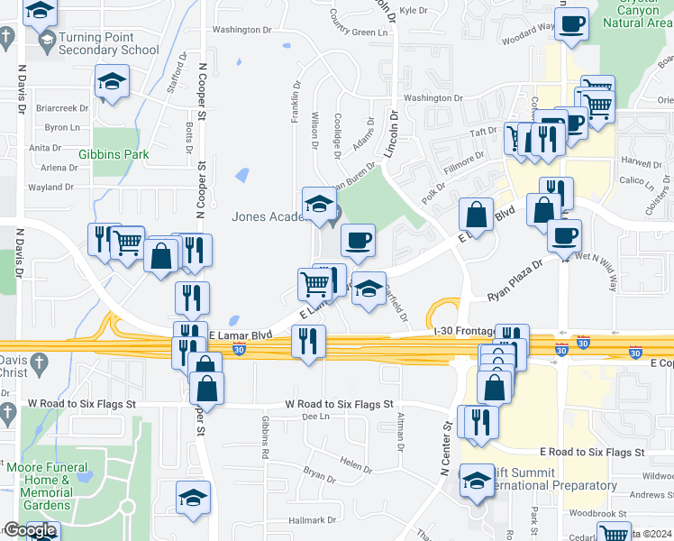 map of restaurants, bars, coffee shops, grocery stores, and more near 1817 Van Buren Drive in Arlington