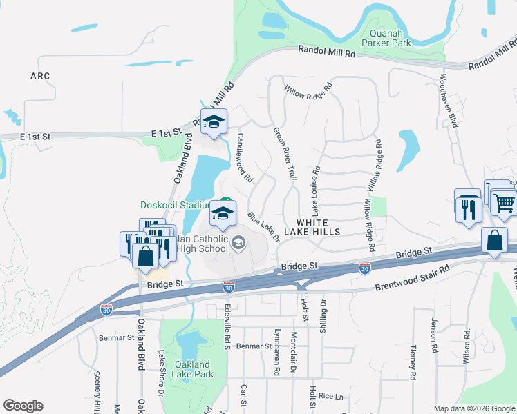 map of restaurants, bars, coffee shops, grocery stores, and more near 906 Raintree Road in Fort Worth