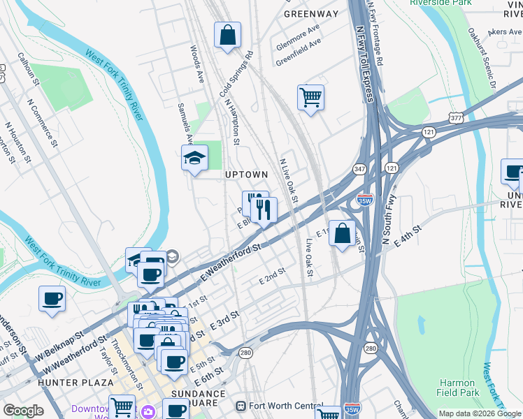 map of restaurants, bars, coffee shops, grocery stores, and more near 1309 East Bluff Street in Fort Worth