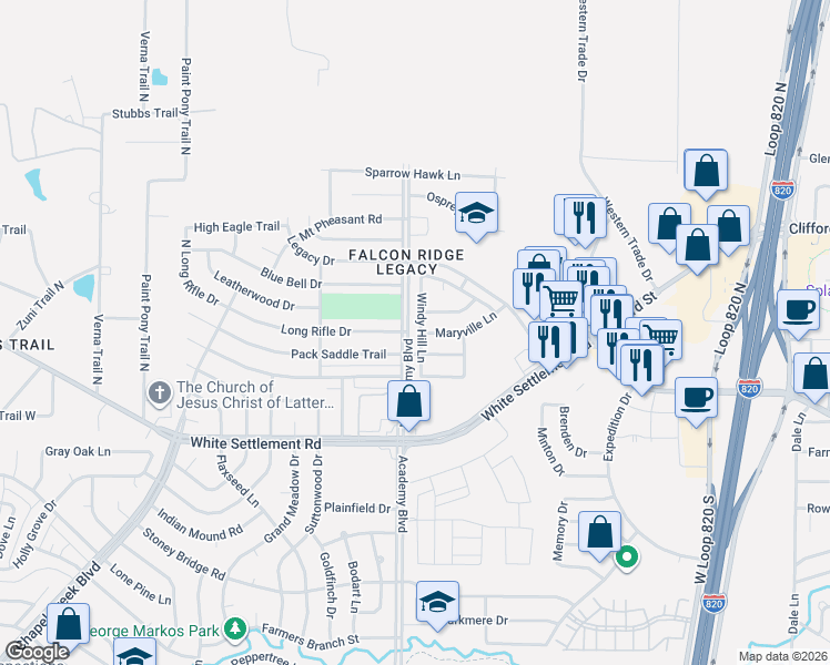 map of restaurants, bars, coffee shops, grocery stores, and more near 9900 Long Rifle Drive in Fort Worth