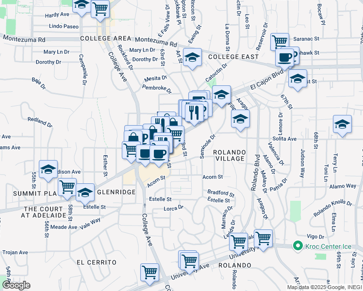 map of restaurants, bars, coffee shops, grocery stores, and more near 2 63rd Street in San Diego