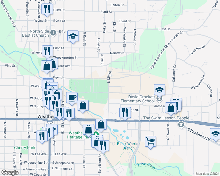 map of restaurants, bars, coffee shops, grocery stores, and more near 602 East Water Street in Weatherford