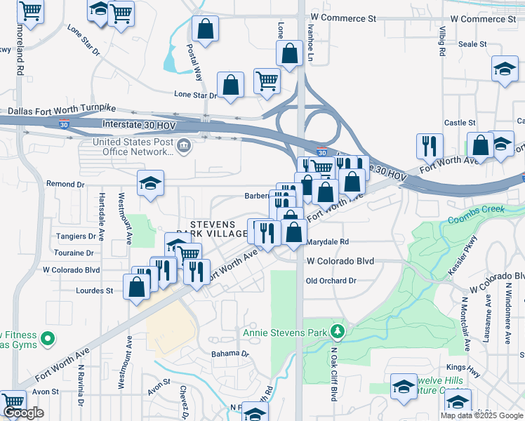 map of restaurants, bars, coffee shops, grocery stores, and more near 2209 Lawndale Drive in Dallas